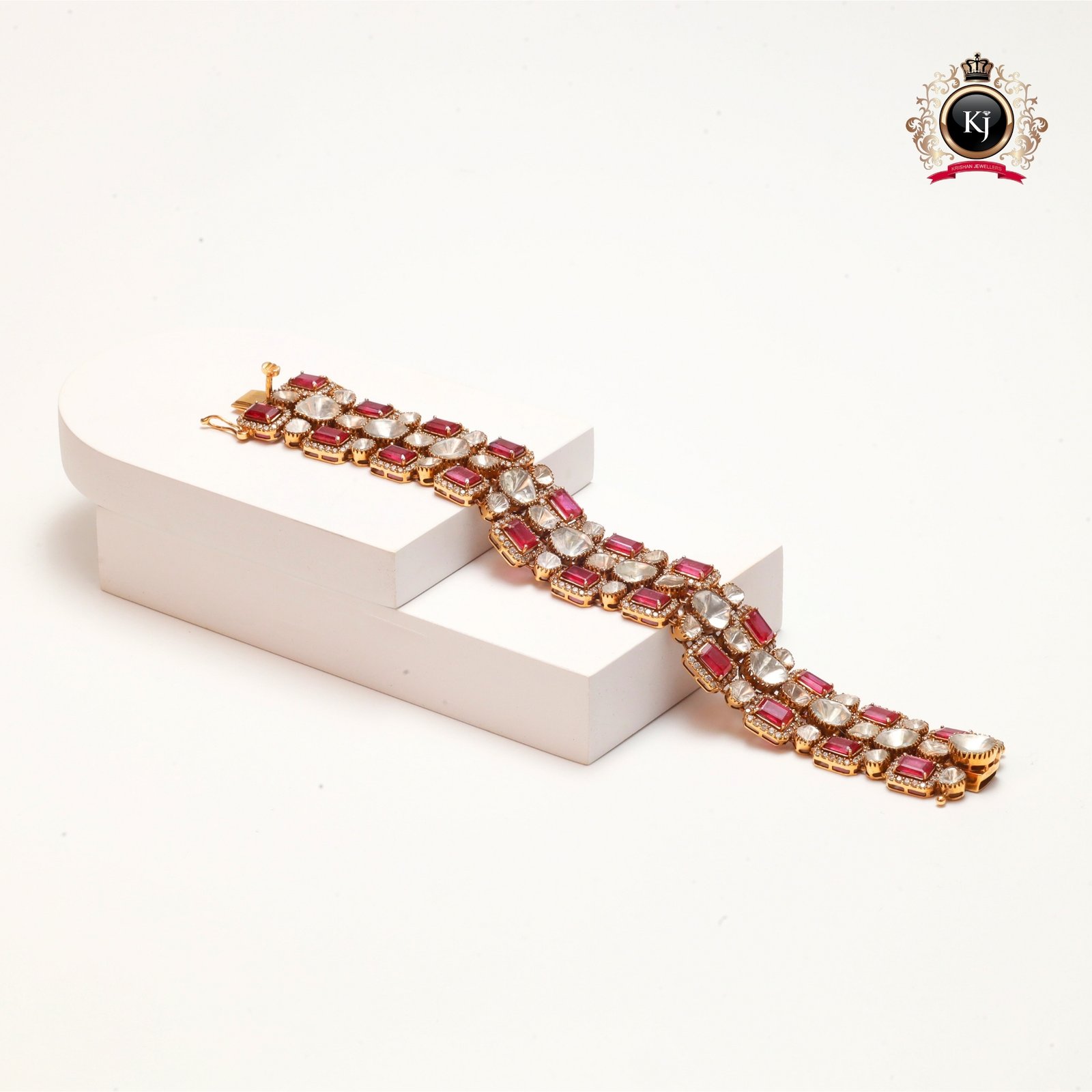 Rajbhushan – 22K Gold Diamond Polki & Ruby Heritage Bracelet